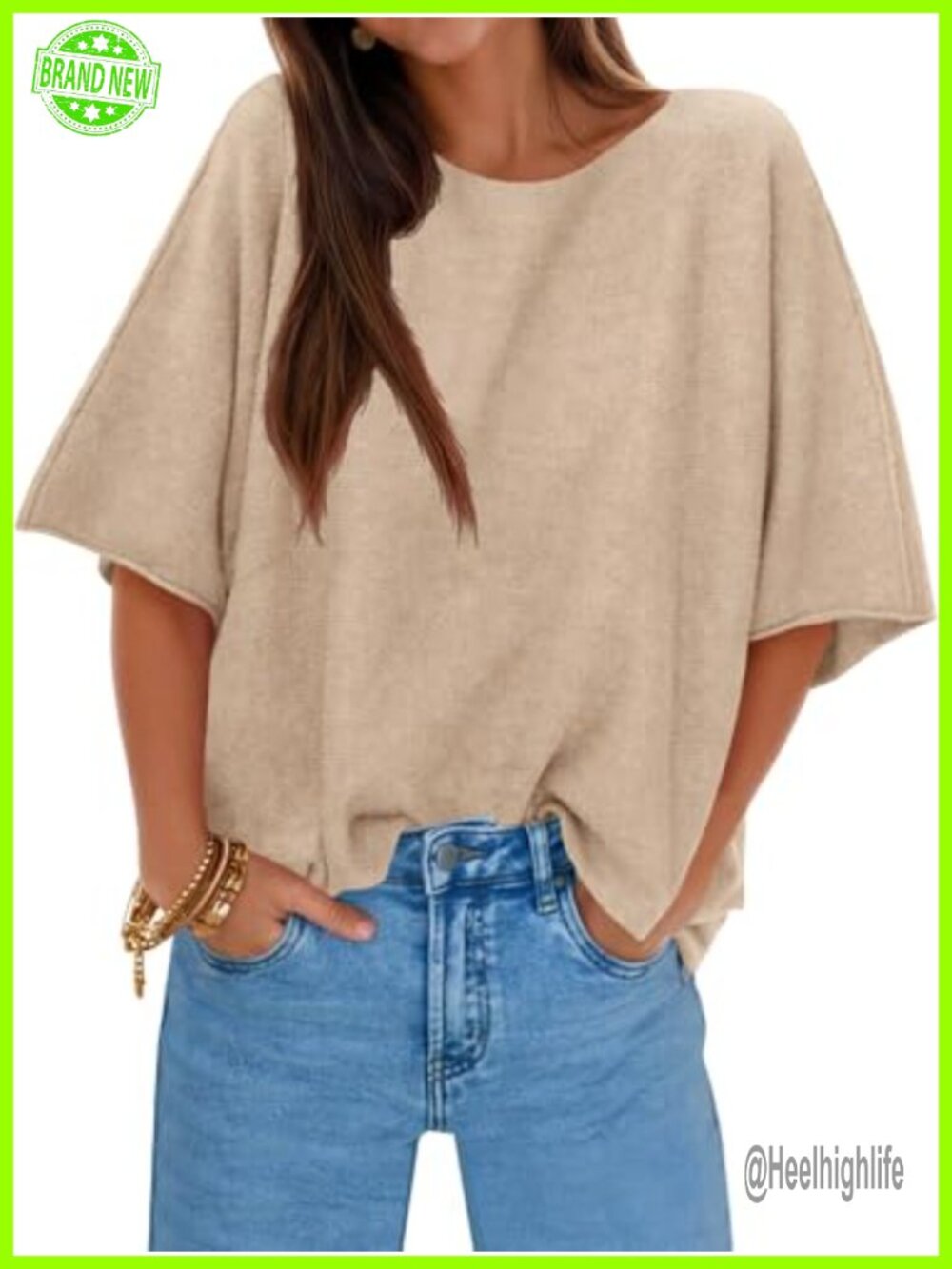 Womens Oversized Half Sleeve Boat Neck Knit Pullover Sweater